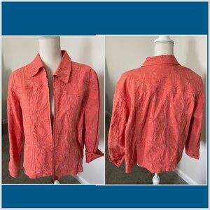 Coldwater Creek Coral Embroidered Jacket Size PL Cottagecore Grandma Granny Chic